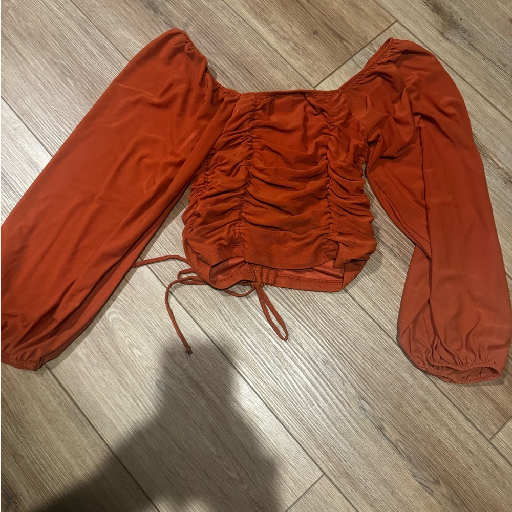 Lulu's Rust Orange Off-Shoulder Ruched Drawstring Crop Top - Picture 5 of 5